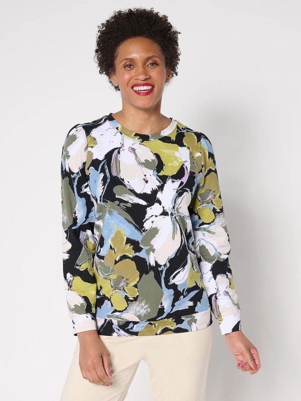 Denim & Co. Active Floral or Ombre French Terry Pullover, Multi Sz L a687895